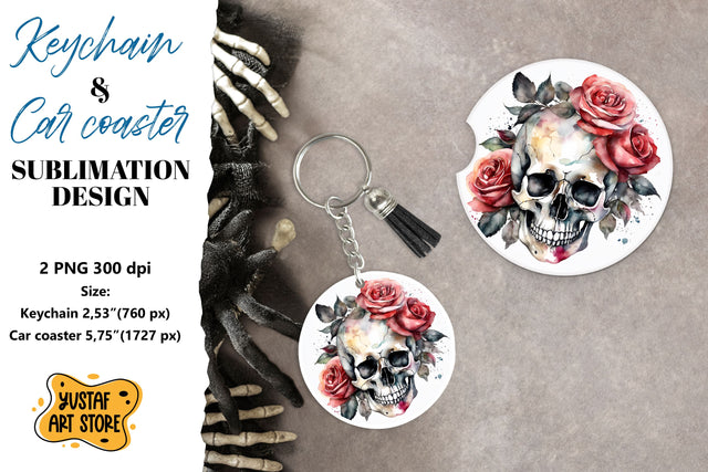 Halloween Keychain & Car coaster sublimation. Skull design Sublimation Yustaf Art Store 