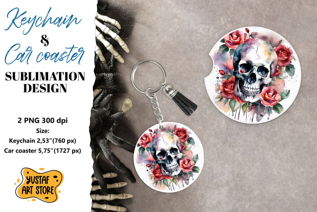 Halloween Keychain & Car coaster sublimation. Skull design Sublimation Yustaf Art Store 