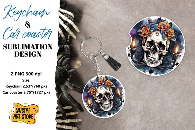 Halloween Keychain & Car coaster sublimation. Skull design Sublimation Yustaf Art Store 