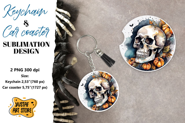 Halloween Keychain & Car coaster sublimation. Skull design Sublimation Yustaf Art Store 