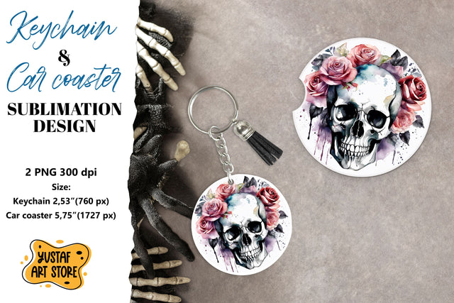Halloween Keychain & Car coaster sublimation. Skull design Sublimation Yustaf Art Store 