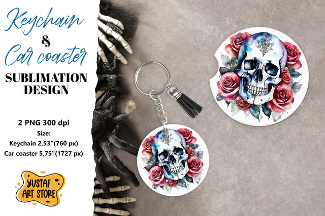 Halloween Keychain & Car coaster sublimation. Skull design Sublimation Yustaf Art Store 