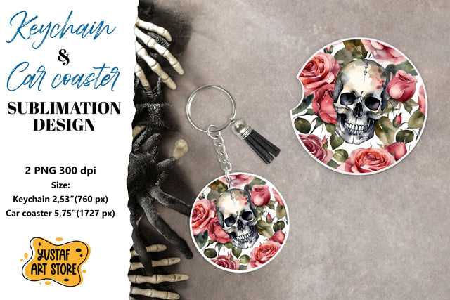Halloween Keychain & Car coaster sublimation. Skull design Sublimation Yustaf Art Store 