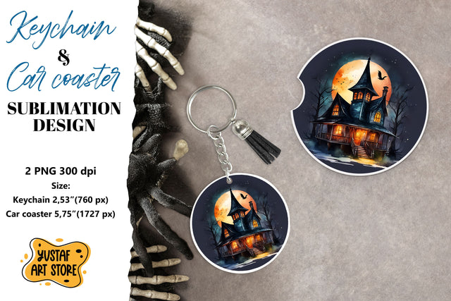 Halloween Keychain & Car coaster sublimation. Spooky house Sublimation Yustaf Art Store 