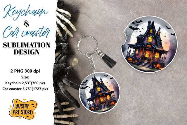 Halloween Keychain & Car coaster sublimation. Spooky house Sublimation Yustaf Art Store 