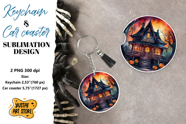 Halloween Keychain & Car coaster sublimation. Spooky house Sublimation Yustaf Art Store 
