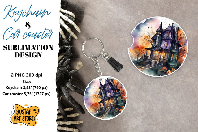 Halloween Keychain & Car coaster sublimation. Spooky house Sublimation Yustaf Art Store 