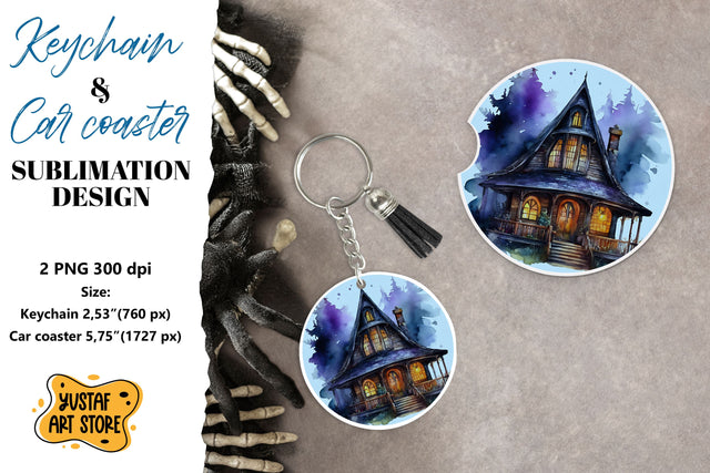 Halloween Keychain & Car coaster sublimation. Spooky house Sublimation Yustaf Art Store 