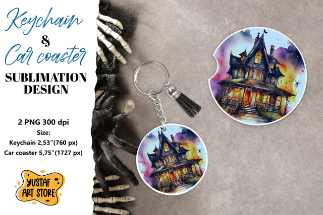 Halloween Keychain & Car coaster sublimation. Spooky house Sublimation Yustaf Art Store 
