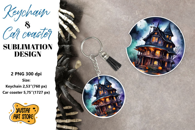Halloween Keychain & Car coaster sublimation. Spooky house Sublimation Yustaf Art Store 