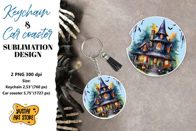 Halloween Keychain & Car coaster sublimation. Spooky house Sublimation Yustaf Art Store 