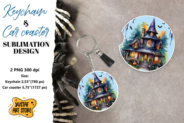 Halloween Keychain & Car coaster sublimation. Spooky house Sublimation Yustaf Art Store 