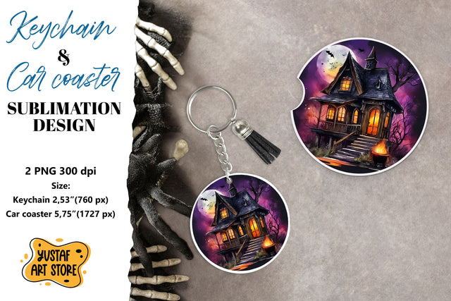Halloween Keychain & Car coaster sublimation. Spooky house Sublimation Yustaf Art Store 