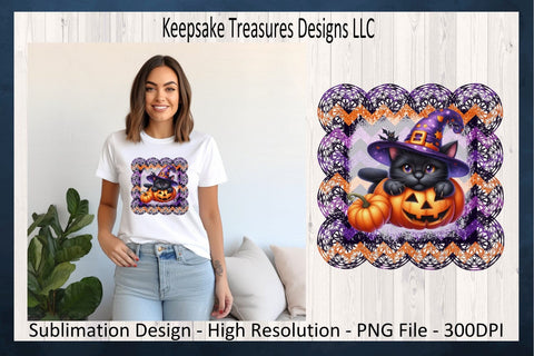 Halloween Kitten and Pumpkins Sublimation PNG Design, Faux Lace, Halloween Cat, PNG Printable, Digital Download Sublimation Keepsake Treasures Designs LLC. 