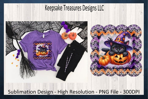 Halloween Kitten and Pumpkins Sublimation PNG Design, Faux Lace, Halloween Cat, PNG Printable, Digital Download Sublimation Keepsake Treasures Designs LLC. 