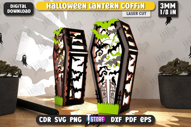 Halloween Lantern Coffin Laser Cut | Seasonal Home Décor Idea | Halloween Decoration | CNC File SVG The T Store Design 