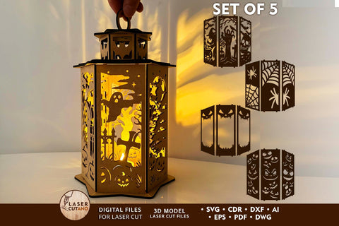 Halloween Lantern Set of 5 | Laser Cut Candle Holder SVG Files SVG LaserCutano 