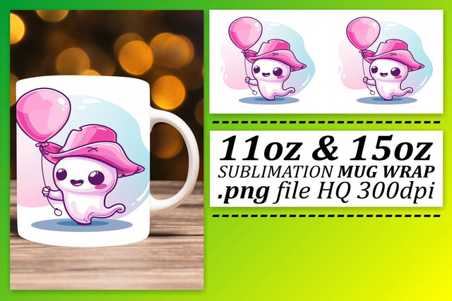 Halloween Mug Wrap with Adorable Pink Ghosts 11oz 15oz Sublimation afrosvg 