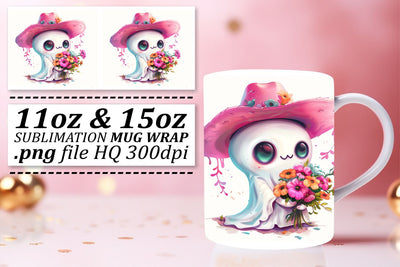 Halloween Mug Wrap with Pink Ghosts Sublimation 11oz 15oz Sublimation afrosvg 
