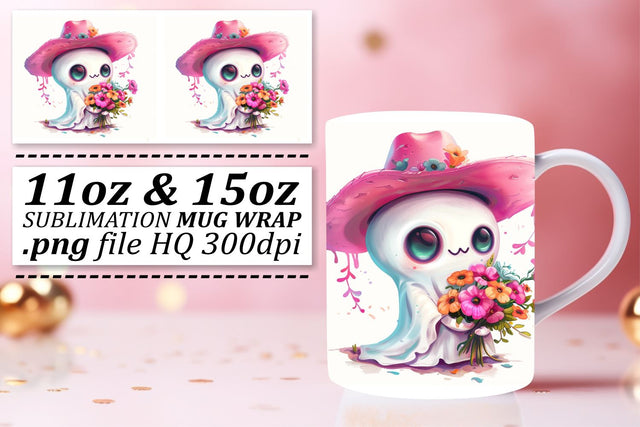Halloween Mug Wrap with Pink Ghosts Sublimation 11oz 15oz Sublimation afrosvg 