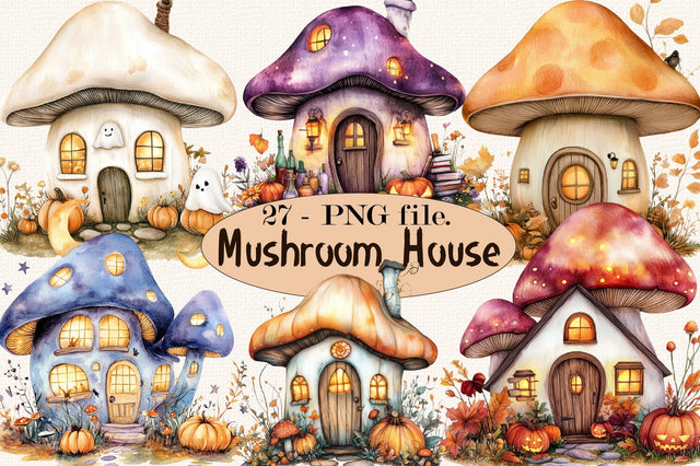 Halloween Mushroom Houses Clipart Bundle. Sublimation SVGArt 