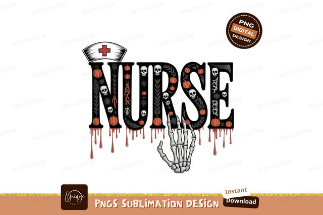 Halloween nurse text with skeleton hand skull pumpkin Sublimation Designangry 