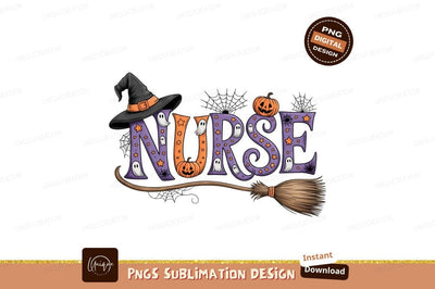 Halloween nurse witch hat broom pumpkin ghosts image Sublimation Designangry 