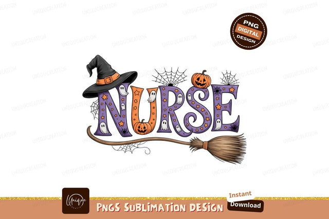 Halloween nurse witch hat broom pumpkin ghosts image Sublimation Designangry 