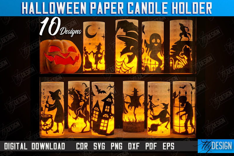 Halloween Paper Candle Holder Bundle | Shadow Lantern Paper Cut | | Halloween Decorations | SVG Files SVG Fly Design 