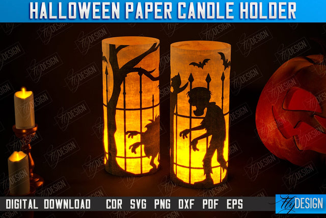 Halloween Paper Candle Holder | Shadow Lantern Paper Cut | | Halloween Decorations | SVG File SVG Fly Design 