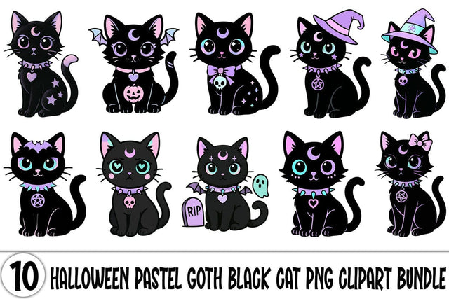 Halloween Pastel Goth Black Cat PNG Clipart Bundle Printable File Sublimation Creativedesigntee 