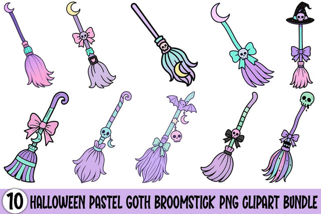 Halloween Pastel Goth Broomstick PNG Clipart Bundle Printable File Sublimation Creativedesigntee 