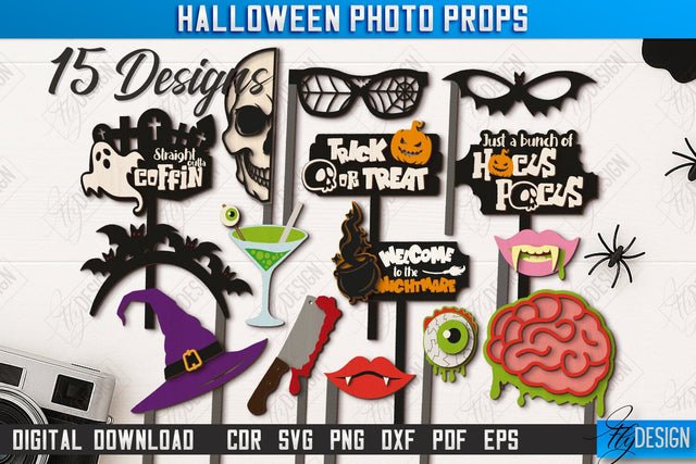 Halloween Photo Booth Props Laser Cut Bundle, Halloween Party Accessories SVG, Halloween Quotes SVG, Halloween Ornaments, Party Decorations, Halloween Bash, Photo Sticks SVG Fly Design 