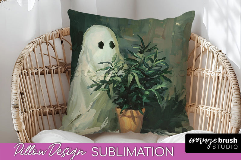 Halloween Pillow Cover - Cute Ghost Pillow Sublimation Sublimation OrangeBrushStudio 