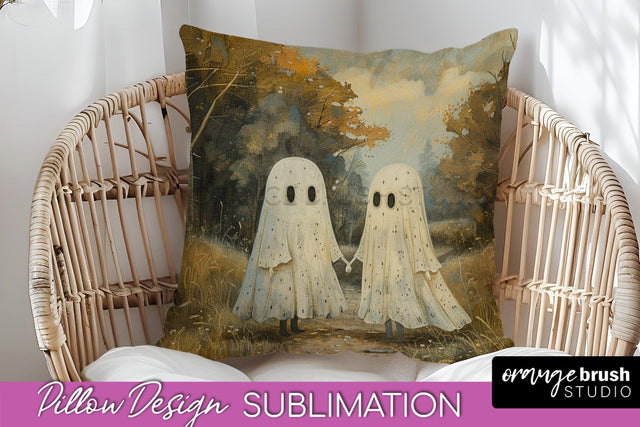 Halloween Pillow Cover - Cute Ghost Pillow Sublimation Sublimation OrangeBrushStudio 