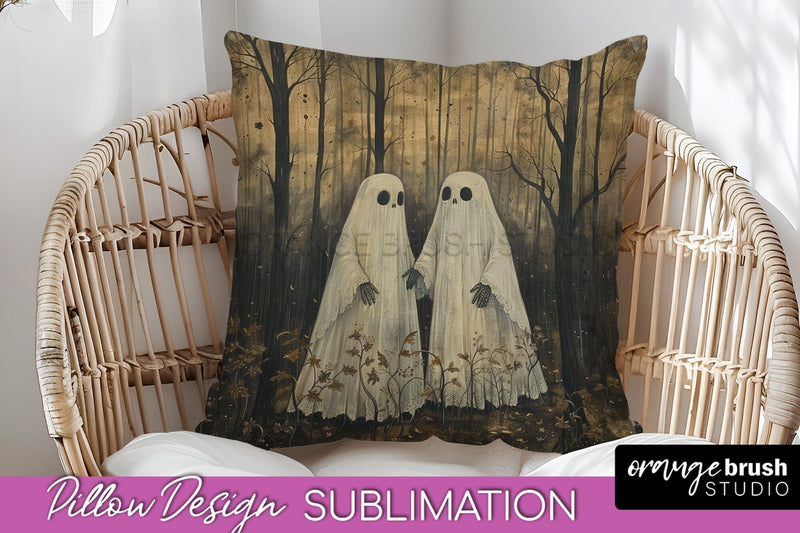 Halloween Pillow Cover - Cute Ghost Pillow Sublimation Sublimation OrangeBrushStudio 