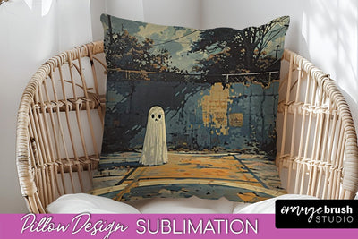 Halloween Pillow Cover - Cute Ghost Pillow Sublimation Sublimation OrangeBrushStudio 