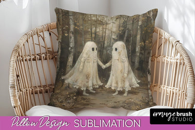 Halloween Pillow Cover - Cute Ghost Pillow Sublimation Sublimation OrangeBrushStudio 