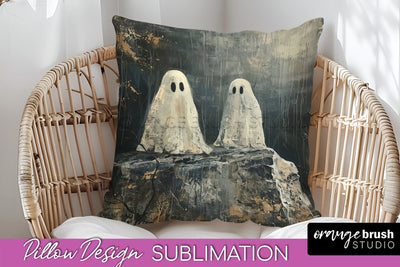 Halloween Pillow Cover - Cute Ghost Pillow Sublimation Sublimation OrangeBrushStudio 
