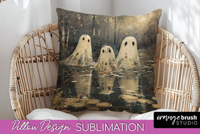 Halloween Pillow Cover - Cute Ghost Pillow Sublimation Sublimation OrangeBrushStudio 