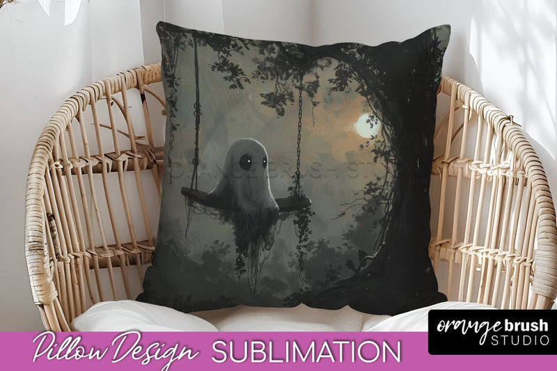 Halloween Pillow Cover - Cute Ghost Pillow Sublimation Sublimation OrangeBrushStudio 