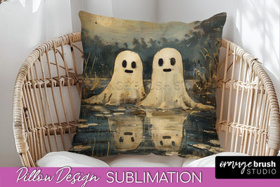 Halloween Pillow Cover - Cute Ghost Pillow Sublimation Sublimation OrangeBrushStudio 