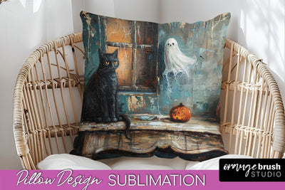 Halloween Pillow Cover - Cute Ghost Pillow Sublimation Sublimation OrangeBrushStudio 