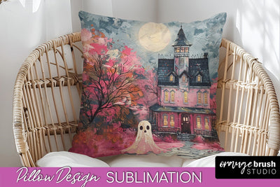 Halloween Pillow Cover - Cute Ghost Pillow Sublimation Sublimation OrangeBrushStudio 