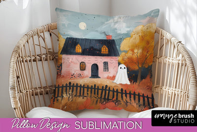 Halloween Pillow Cover - Cute Ghost Pillow Sublimation Sublimation OrangeBrushStudio 