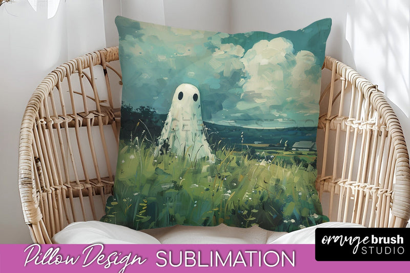 Halloween Pillow Cover - Cute Ghost Pillow Sublimation Sublimation OrangeBrushStudio 