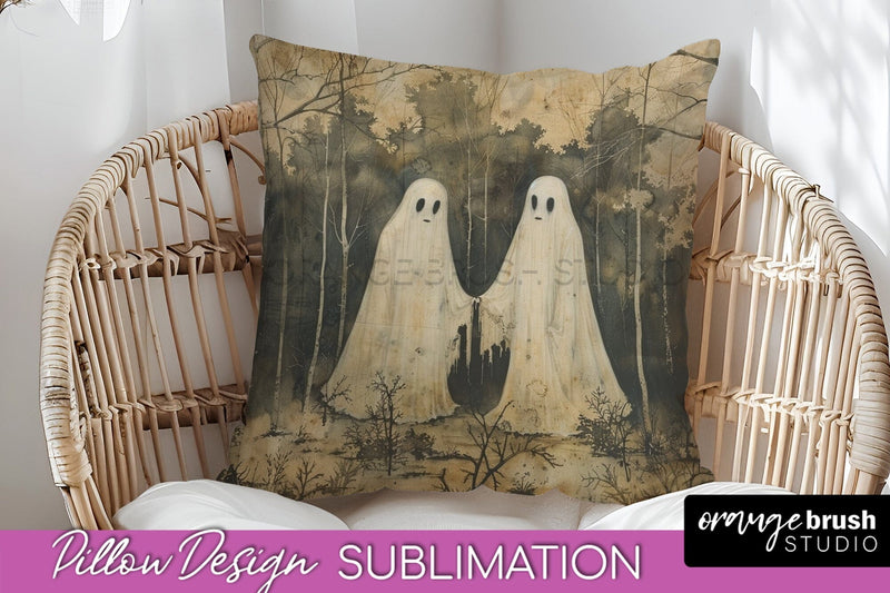 Halloween Pillow Cover - Cute Ghost Pillow Sublimation Sublimation OrangeBrushStudio 