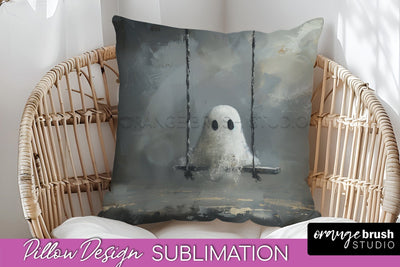 Halloween Pillow Cover - Cute Ghost Pillow Sublimation Sublimation OrangeBrushStudio 