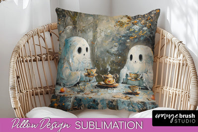 Halloween Pillow Cover - Cute Ghost Pillow Sublimation Sublimation OrangeBrushStudio 