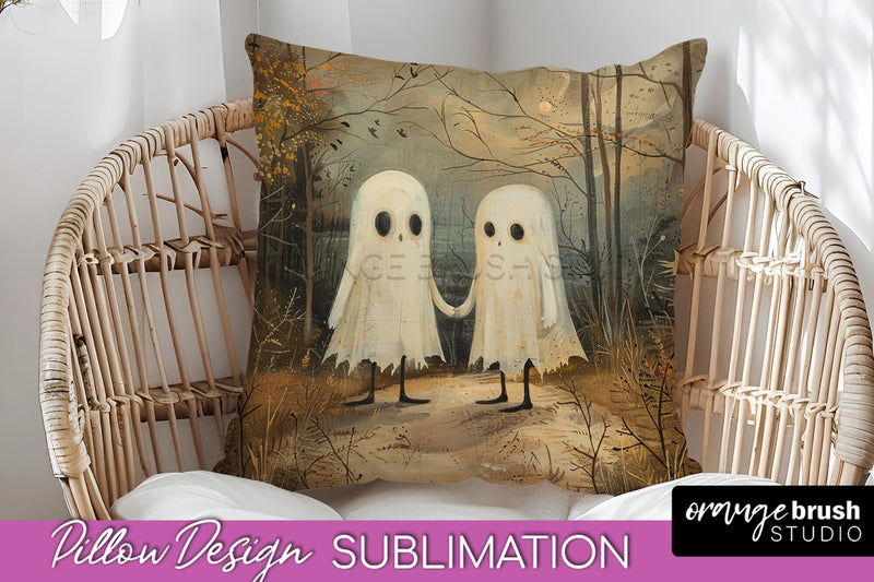 Halloween Pillow Cover - Cute Ghost Pillow Sublimation Sublimation OrangeBrushStudio 